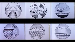 Easy 6 Circle Scenery Drawing Ideas / Pencil Drawing / Circle Drawing Scenery / Nature Landscape