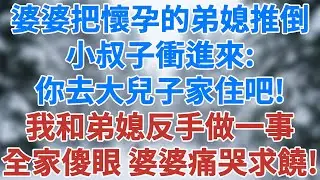 婆婆把怀孕的弟媳狠狠推倒，小叔子冲进来对婆婆说：你去大儿子家住吧。我和弟媳反手做一事，全家傻眼，婆婆痛哭求饶！#婚姻經營 #人生感悟 #故事分享 #故事頻道 #婆媳關係 #雪兒講故事 #情感故事