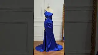 LAVELIYA Sheath Elastic Woven Satin One-Shoulder Rhinestone Sweep Train Dress