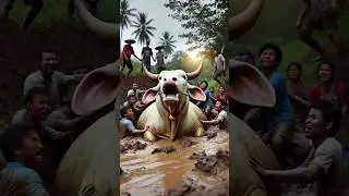 Villagers rescues a bull stuck in mud #bull #bullrescue #treatment #bullcalf #humanity #rescue
