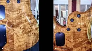 Roscoe LG5 Myrtle Burl top and back, Purpleheart fingerboard, Maple/Purpleheart neck.