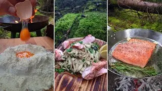 Creamy Salmon Pasta (forest made😜) campfire cooking #pasta #Italy #cooking