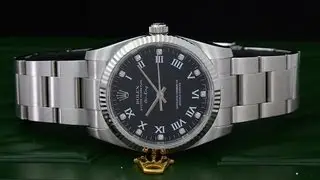 Rolex Airking Black Diamond Dial Fluted 18k White Gold Bezel Men 114234 NEW!