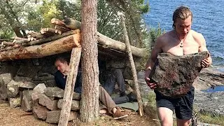 4 Day Island Bushcraft Survival - Primitive Shelter Build