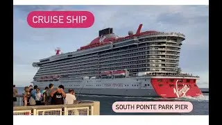 Walking Tour of South Pointe Park Pier Miami Beach Florida USA. Cruise ship