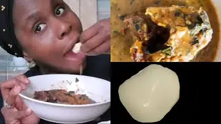 AFRICAN NIGERIAN FOOD MUKBANG, FUFU POUNDED YAM WITH OFE NSALA (WHITE SOUP) #nigerianfood