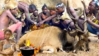 Hadza Cooking BUFALO Wild Food in African Bush! Raw Survival in Tanzania.