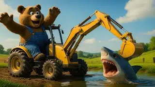 Farm Work: 🐻 Bear Driving a Yellow Digger Meets a Giant Shark 😱 | Epic 3D Farm Adventure!
