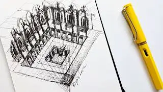 How to Sketch building in 3 Point Perspective with ink pen