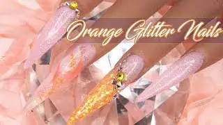 Acrylic Nails Tutorial - How To Encapsulated Nails Orange Glitter and Marble with Nail forms