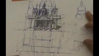 Perspectiva cónica frontal de arquitectura con cúpula