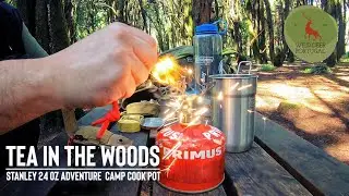 Making tea in the woods with the Stanley 24 Oz adventure camp cook set and the BRS mini Stove.
