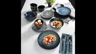 EID Special New Gibson Elite Matisse 16 Piece Double Bowl Dinnerware Set,Cobalt BlueColor Blue,Black