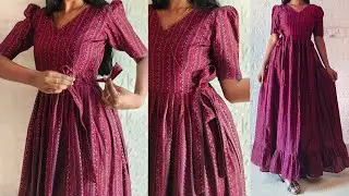 Side Waisted Wrap/Tie Dress | Puff sleeve layered dress cutting & stitching tutorial for beginners