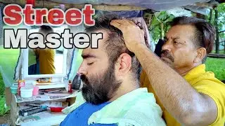 Hard & Slow Head Massage with back  body tapping by typical street barber - ASMR Indian barber