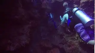 Everyone gets in line to ascend through a vertical crack in the wall.