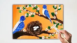 How to paint birds on branch with flowers // Acrylic painting techniques