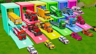 FIRE ENGINE, POLICE CARS, AMBULANCE, CONCRETE MIXER TRUCK, SCHOOL BUS TRANSPORT TO GARAGE - FS22