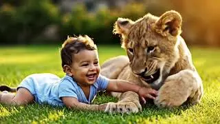 Baby play with lion happily #baby #happy #lion #playing #green #tiger 