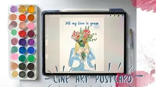 Simple line art postcard drawing in Procreate - digital tutorial step by step