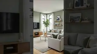 modern living room, gray sofa, green accents, wooden furniture, arched windows, sheer curtains,