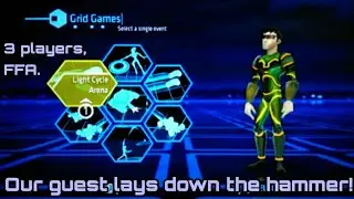 Wii Tron Evolution: Battle Grids G7, 3P local splitscreen FFA, Light Cycle Battle on Alpha Grid.
