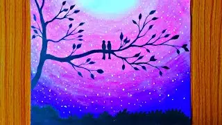 Love birds drawing with oil pastel|Moonlight birds scenery drawing step by step