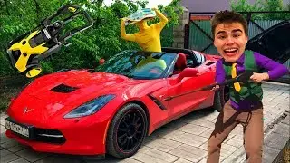 Mr. Joe washed Corvette in Car Wash w/ Yellow Man on Dirty Sport Car Corvette for Kids
