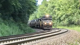3 Locomotives Fight Gravity At Railroad Crossing, Horn Salute!  Train Working Hard At Top Of Grade