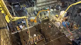 Putzmeister concrete pumps pour 1400+ cubic meter core pad through placing boom and Spyder boom.