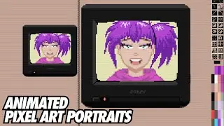 Animated pixel art portraits on a 