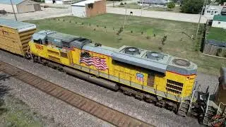 Drone views of a long UP mixed freight, two fast priority trains, and a stack crossover drone view!