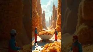 Mini workers laying massive cereal flakes into a giant bowl