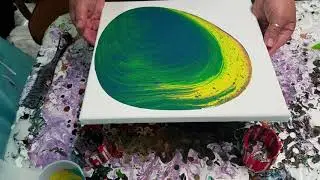 Acrylic Pour Painting  - 12x12 Teal, Yellow, Pink, Tree Ring Pour
