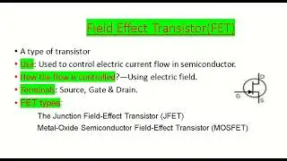 Field Effect Transistor (FET), Use of FET, Current Flow control,Symbol and FET Types.