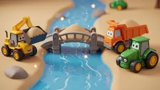 River Crossing with Mini Toys 🌊 | JCB Truck Tractor Build a Bridge | 3D Pixar Kids Cartoon