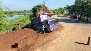Starting a New Landfill Project! Using Dozer MITSUBISHI Pushing Soil into Lake with many 5Ton Truck 