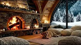 🔥 Cozy Winter Fireplace | 🦁 Resting Lion Cub | Relaxing Crackling Fire Ambience