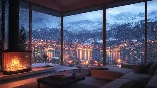 Calm Snowy Evening at a Mountain Lake ❄️ Soft Falling Snow & Cozy Fireplace Ambience