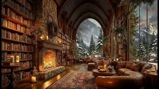 Soothing Jazz inside Grand Winter Library | Snowy Window Ambience & Peaceful Reading for Book Lovers