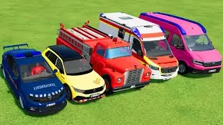 TRANSPORTING POLICE CARS, AMBULANCE, FIRE TRUCK, COLORFUL CARS WITH TRAIN -FARMING SIMULATOR 22!