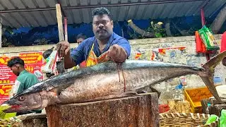 KASIMEDU 🔥 SPEED SELVAM | HUGE LIVE KING SEER FISH CUTTING VIDEO | 4K VIDEO | KM FISH CUTTING 
