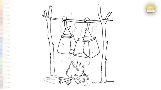 Two pots hanging over the flames drawing easy | Outline sketches | How to draw campfire scene simply