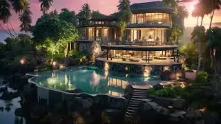 3D rendering of luxury villa on the beach at sunset, Island in the middle of the