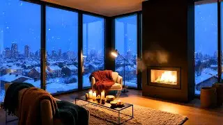 Cozy Winter Fireplace with Snowy City View Ambience for Focus and Relax - Calm Night 05