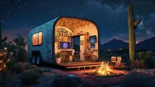 Tiny Home Retreat: Night Time Desert Sounds 🔥🌵🎧 Crackling Campfire ASMR Ambience | Relaxing Sounds