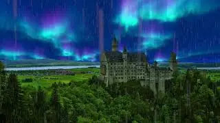 The Castle of Peace: A Relaxing Video with Rainfall and Northern Lights.