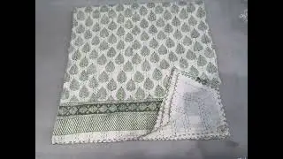 Green Kantha Quilt: Handmade Indian Block Print Cotton Bedspread.