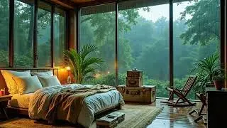 🌙 Heavy Rainfall On Panoramic Windows Cozy Bedroom Plush Bed Warm Lights 8 Hours