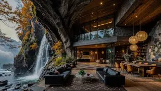 Secret Autumn Cliff 🍂 Luxury Cave Lounge by the Waterfall with Gentle Jazz for Relaxation